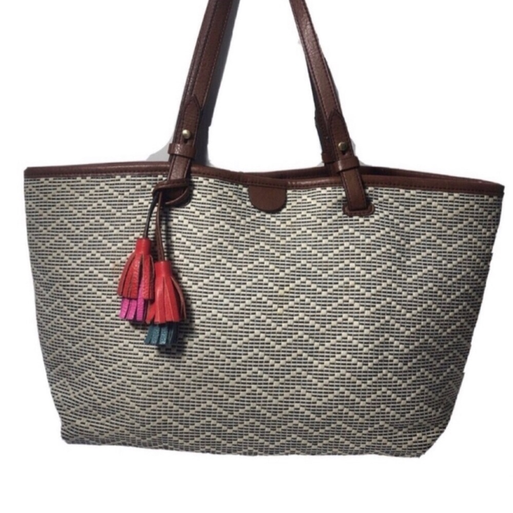 Fossil Brown and Cream Tassel Tote Bag.